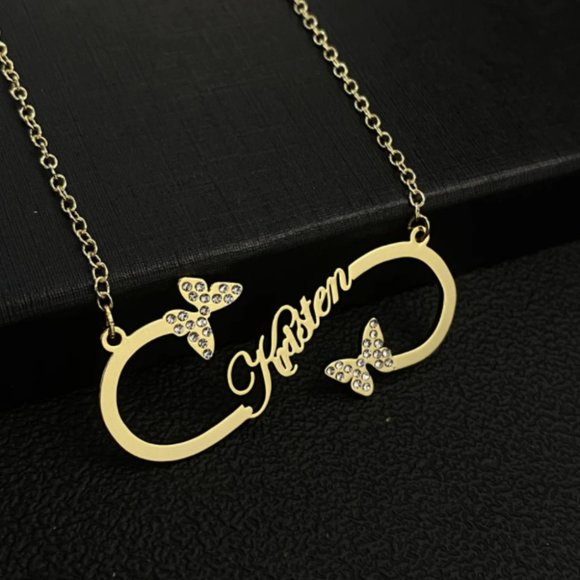 Custom Name Butterfly Necklace Infinity Shape Diamond Stainless Steel Metal - Picture 3 of 4